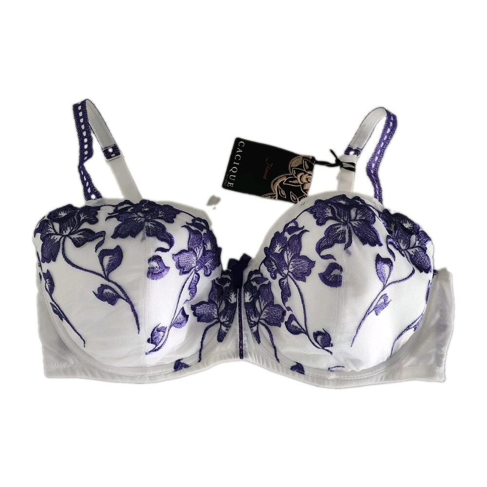 Vintage Cacique 42DD Flaunt Floral Purple Embroidery Balconette Bra Pinup NEW